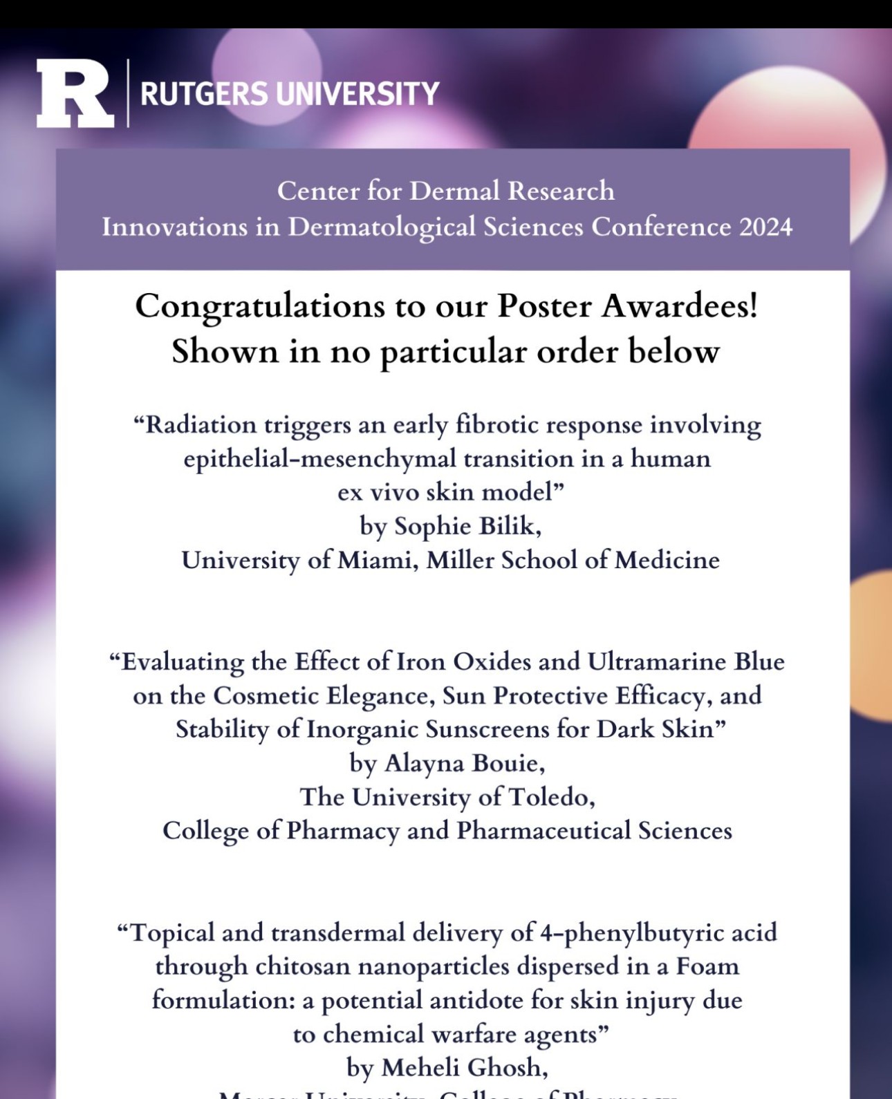 Rutgers University Center for Dermal Research 2024 poster award recognition