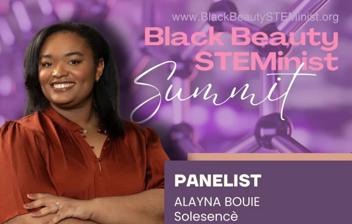Black Beauty STEMinist Summit announcement showing Alayna Bouie of Solesence, smiling in a rust-colored blouse, listed as a panelist